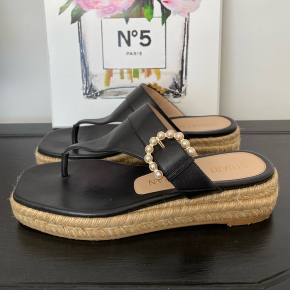 Stuart Weitzman Pearl Buckle Espadrille Thong Sandals Black Sz 7-7.5 - Picture 2 of 10